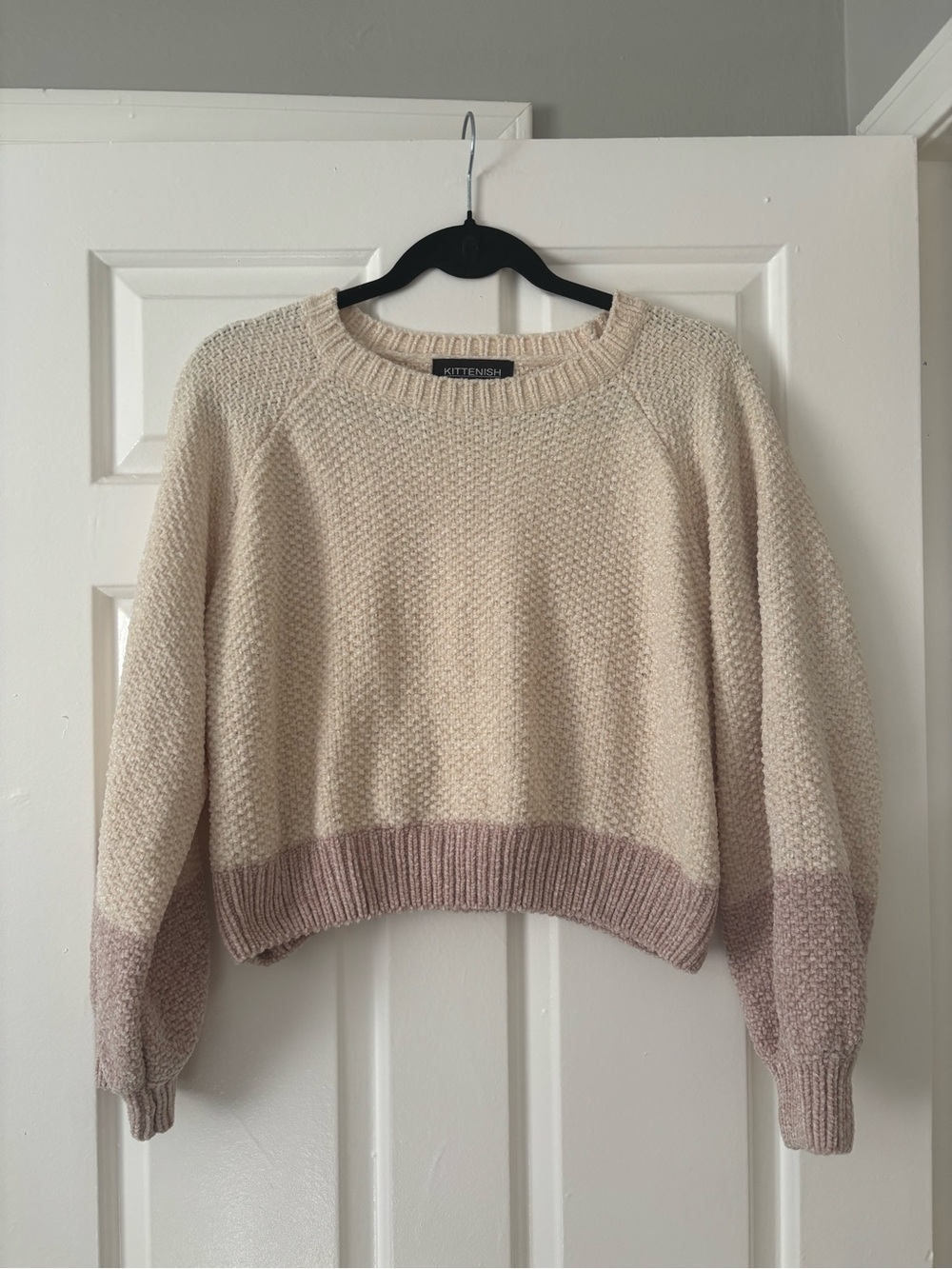 Kittenish Colorblock Chenille Crop Sweater Cream Pink - Size Medium - Like New